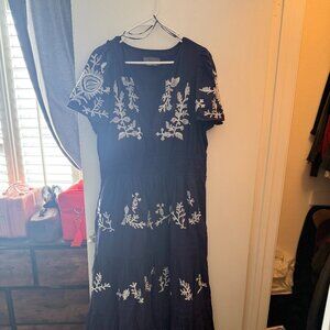 New Embroidered Anthropologie Maxi Navy dress